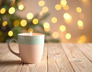Soft-lit candle cup on wooden table, Christmas lights bokeh