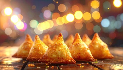 Golden, crispy samosas on a rustic table, festive bokeh