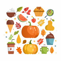 A delightful assortment of autumn-inspired food, drinks, and natural elements, capturing the essence of the fall season and its cozy comforts, perfect for seasonal designs