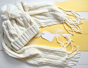 White cable knit hat and scarf on yellow wood