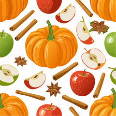 Festive Fall Harvest Pattern with Pumpkin, Apples, Cinnamon and Star Anise