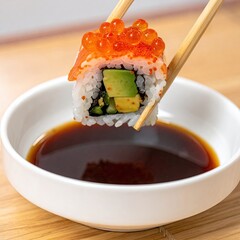 Sushi roll held by chopsticks over soy sauce (1)