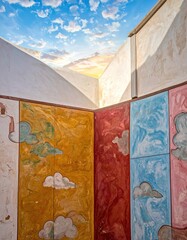 Colorful painted walls,?sunlit corner