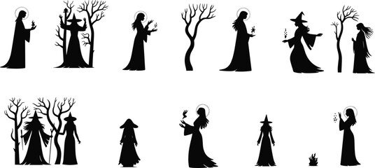 Black witch silhouettes, fantasy illustration, magical beings, barren trees, mystical characters, Halloween artwork, gothic design, enchanted figures, spooky art, dark fantasy
