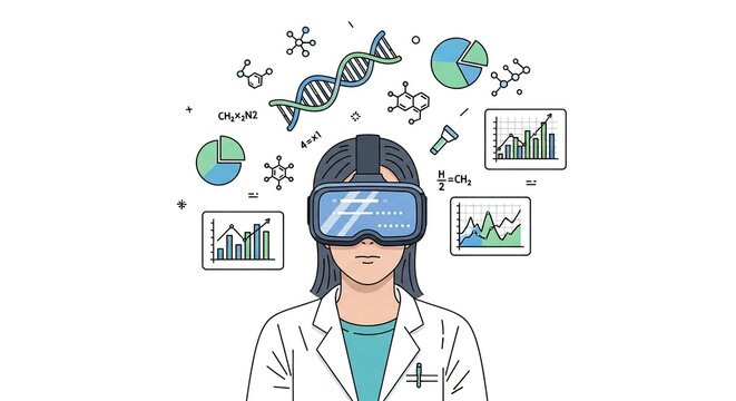 Scientist in VR headset exploring scientific data and research concepts.