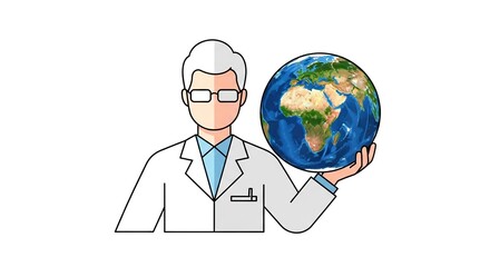 Cartoon Scientist Holding Earth Globe Illustration.