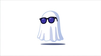Cartoon ghost wearing sunglasses, floating on a white background, with blue shadow