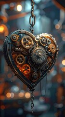 Heart-shaped steampunk clock, intricate gears, chain