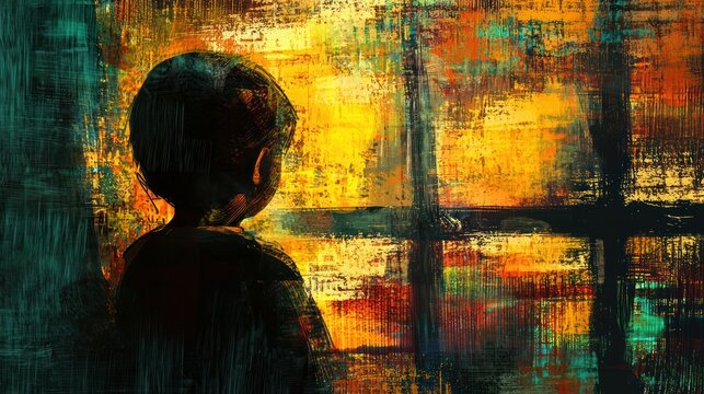 A digital painting of an orphan child looking out of a window, imagining a better future.