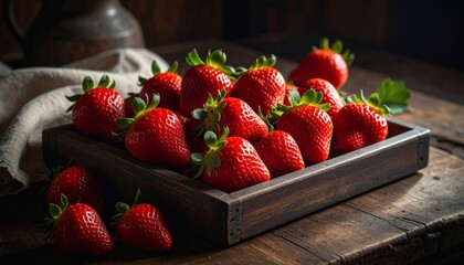 Arrangement of vibrant red strawberries in a rustic wooden box on a weathered table.