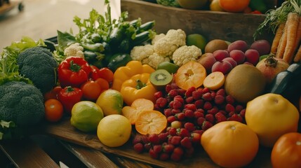 Vibrant Display of Fresh Fruits and Vegetables at Market Stall
