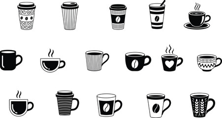 Coffee cup icons, steaming mugs, to‑go cups, hot beverage silhouettes, tea cups, espresso mugs, café culture, drinkware design, stylish coffee, morning drink