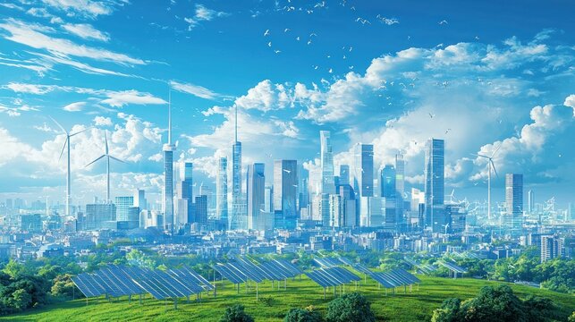 A digital rendering of an engineering concept, such as a futuristic city powered by clean energy and designed with climate action principles in mind.