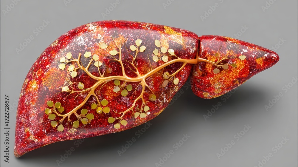 Poster artistic representation of a liver with intricate gold patterns