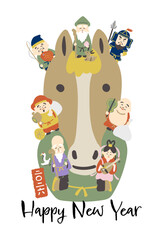 2026年　馬と七福神の年賀状デザイン　午年　縦型