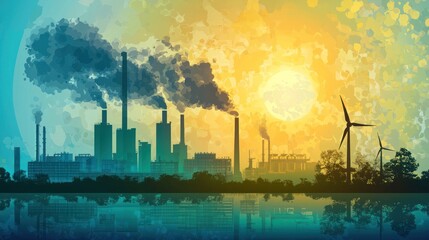 Obraz premium A digital vector of Earth showing pollution levels with emissions from factories, paired with renewable energy alternatives.