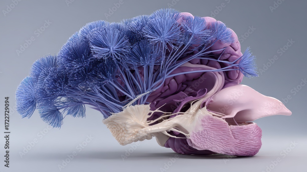 Poster artistic representation of human brain with abstract neural connections
