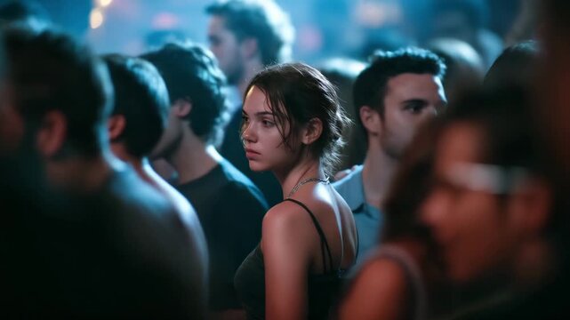 Young Woman Looking Back in a Blue-Lit Nightclub Crowd
