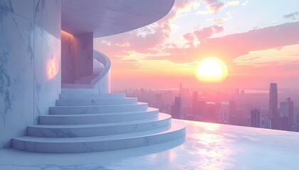 Fototapeta premium Sunrise city view from a curved white marble staircase