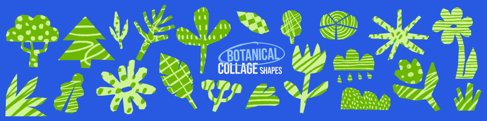 Botanical paper collage cutout set with crayon patterns and scribble pencil textures. Playful scrapbook with torn edges. Green kids doodle eco plants.