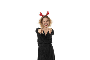 Woman enjoying New Year celebrations in festive outfit, isolated, PNG