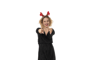 Woman enjoying New Year celebrations in festive outfit, isolated, PNG