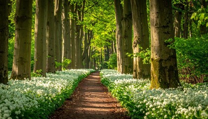 Scenic path through a forest lined with blooming white flowers, sunlight filtering through tall trees, creating a tranquil and inviting ambiance