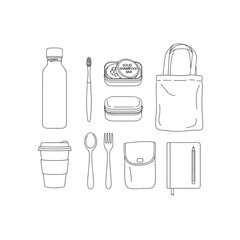 Minimalist line art collection featuring essential eco-friendly products for a sustainable lifestyle, promoting zero waste and conscious consumption habits in daily routines
