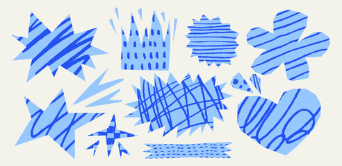 Blue collage cutouts with crayon scribbles. Playful doodle stars, hearts, abstract paper shapes with torn edges and hand drawn doodle pencil patterns for kids scrapbooking.