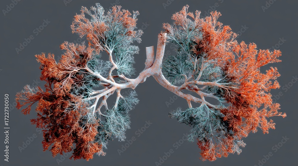 Poster artistic representation of lungs shaped as colorful trees in nature