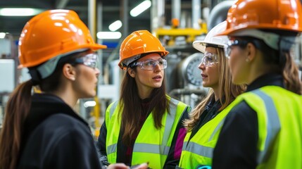 A diverse group of women engineers discussing new technologies.