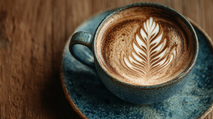 Top view of artisanal latte in handcrafted ceramic cup