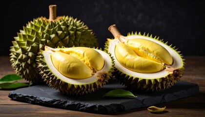 Two halved durian fruits with a spiky green shell and creamy yellow flesh displayed.
