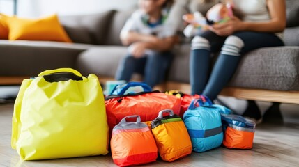 Vibrant Travel Bags and Family Enjoying Leisure Time Together