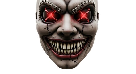 Naklejka premium Disturbing stitched face mask with piercing red X-eyes and a terrifying, toothy grin, perfect for evoking a sense of dread and horror in various creative projects