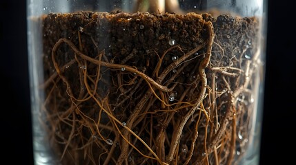 Macro shot of plant roots inside a transparent glass pot, soil particles and water droplets visible, sharp details, dark blurred background for contrast.