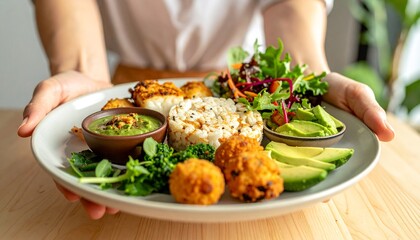 Hands holding a vibrant plate of healthy food