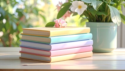 Pastel-colored books stacked on a wooden table, near flowers