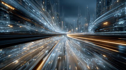 다층구조의 자동차 전용도로가 보이는 미래 첨단도시의 야경, 초현실적 배경-A night view of a futuristic, high-tech city with a multi-level, dedicated car road, surreal background