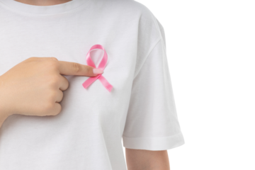 Person points at pink ribbon on shirt, isolated on white, PNG