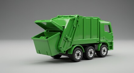 Detailed Green Toy Garbage Truck Illustration on Plain Background Showcasing the Recycling and Waste Disposal Concepts with Childlike Imagination