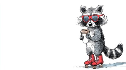 A cool raccoon in red roller skates holds a coffee cup while wearing sunglasses against a white background