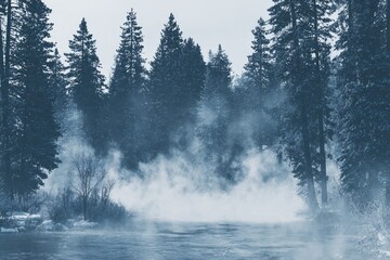 Winter forest scene with misty river