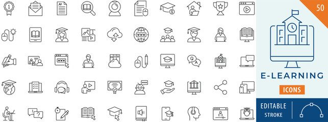 E-learning icon collection set. Editable stroke.
