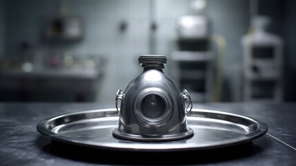 Vintage metal gas mask on a silver tray in a dimly lit room