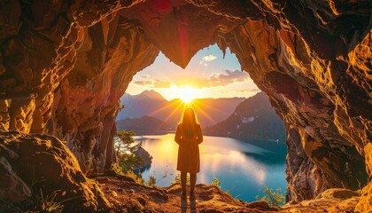 Woman in a cave, sunrise over a lake