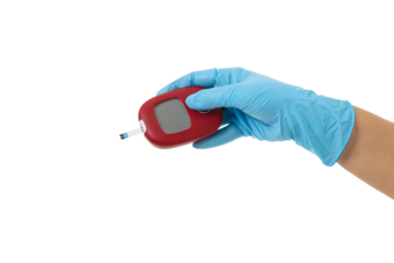 Doctor tests blood glucose in clinic, isolated on white, PNG
