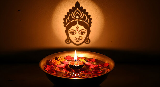 Divine goddess durga face lit by warm candle flame with textured background
