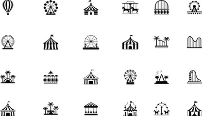 Amusement park icons, carnival ride symbols, circus tent graphics, Ferris wheel illustrations, black and white theme, fun fair elements, vector set
