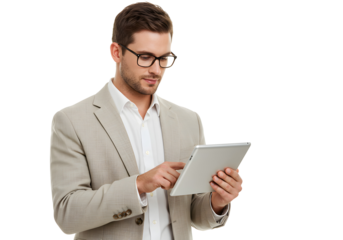A businessman in a suit and glasses uses a tablet for a professional presentation